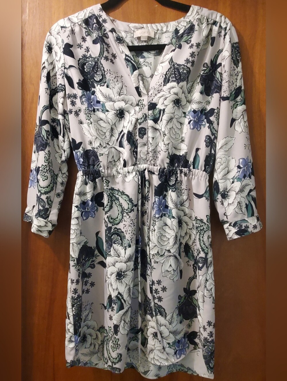 LOFT Floral Drawstring Waist Tunic Dress - White with Blue & Green Floral Print
